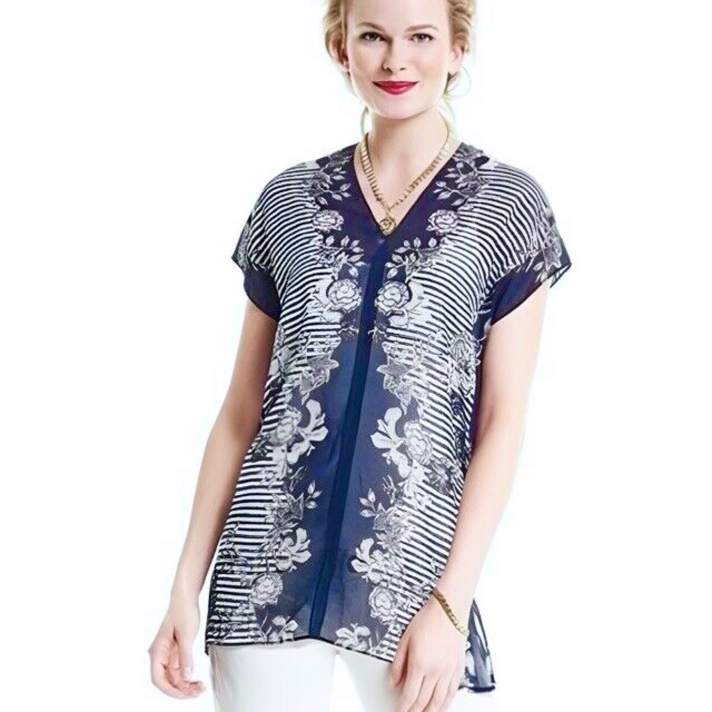 CAbi Yacht Sheer Blouse Medium Navy Blue White Stripe Floral Pullover Cap Sleeve